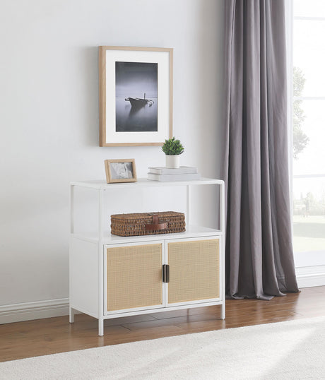 Amherst White 2-Door Radio Weave Cane Metal Accent Cabinet from Coaster - Luna Furniture