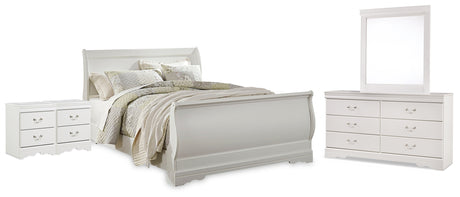 Anarasia Queen Sleigh Bed with Mirrored Dresser and 2 Nightstands in White from Ashley - Luna Furniture