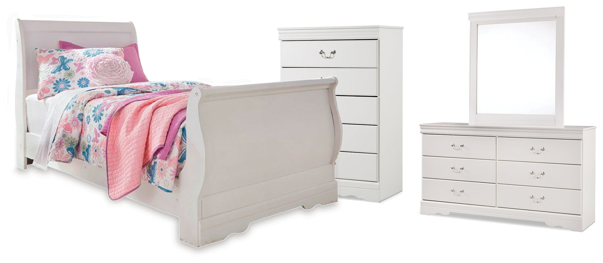Anarasia Twin Sleigh Bed with Mirrored Dresser and Chest in White from Ashley - Luna Furniture