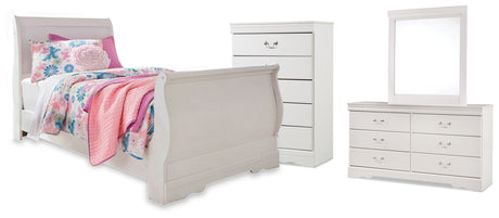 Anarasia Twin Sleigh Bed with Mirrored Dresser and Chest in White from Ashley - Luna Furniture