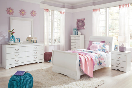 Anarasia Twin Sleigh Bed with Mirrored Dresser and Chest in White from Ashley - Luna Furniture