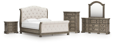 Ardenfield California King Upholstered Sleigh Bed with Mirrored Dresser, Chest and Nightstand in Light Brown from Ashley - Luna Furniture