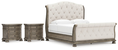 Ardenfield King Upholstered Sleigh Bed with 2 Nightstands in Light Brown from Ashley - Luna Furniture