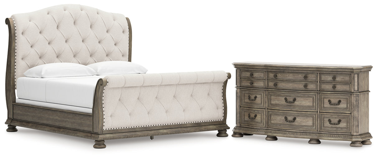 Ardenfield King Upholstered Sleigh Bed with Dresser in Light Brown from Ashley Furniture - Luna Furniture