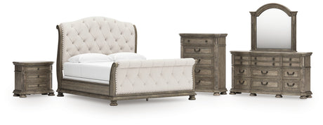 Ardenfield King Upholstered Sleigh Bed with Mirrored Dresser, Chest and Nightstand in Light Brown from Ashley - Luna Furniture