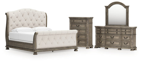Ardenfield King Upholstered Sleigh Bed with Mirrored Dresser and Chest in Light Brown from Ashley - Luna Furniture
