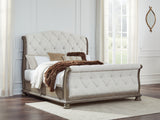 Ardenfield King Upholstered Sleigh Bed with Mirrored Dresser and Chest in Light Brown from Ashley Furniture - Luna Furniture