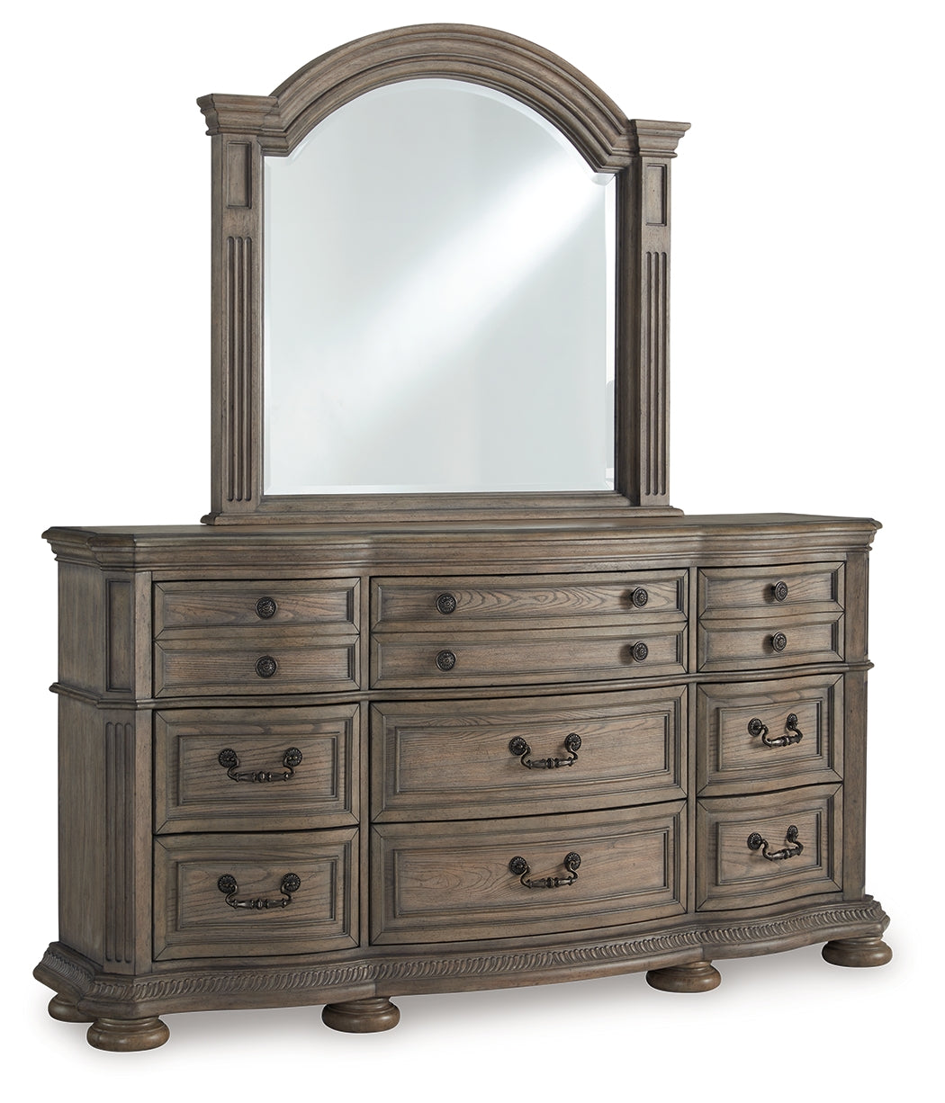 Ardenfield King Upholstered Sleigh Bed with Mirrored Dresser and Nightstand in Light Brown from Ashley Furniture - Luna Furniture