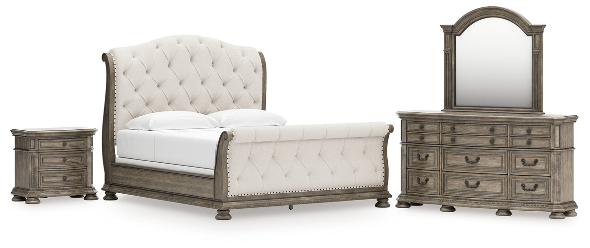 Ardenfield King Upholstered Sleigh Bed with Mirrored Dresser and Nightstand in Light Brown from Ashley Furniture - Luna Furniture