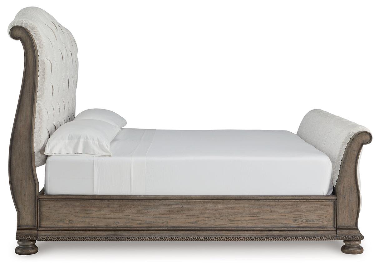 Ardenfield King Upholstered Sleigh Bed with Mirrored Dresser and Nightstand in Light Brown from Ashley Furniture - Luna Furniture