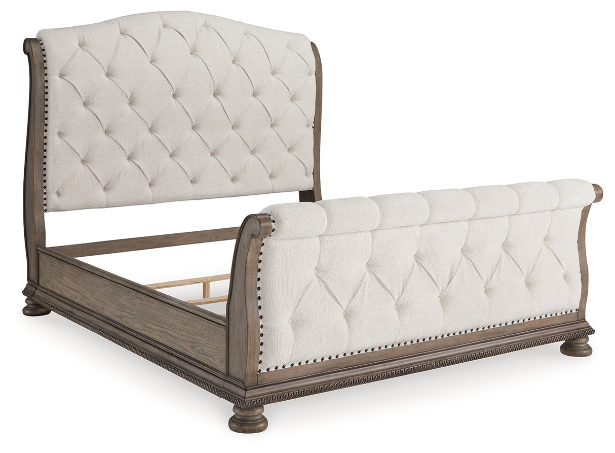 Ardenfield King Upholstered Sleigh Bed with Mirrored Dresser and Nightstand in Light Brown from Ashley Furniture - Luna Furniture