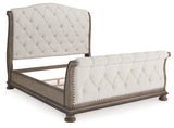 Ardenfield King Upholstered Sleigh Bed with Mirrored Dresser and Nightstand in Light Brown from Ashley Furniture - Luna Furniture