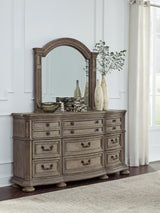 Ardenfield King Upholstered Sleigh Bed with Mirrored Dresser and Nightstand in Light Brown from Ashley Furniture - Luna Furniture