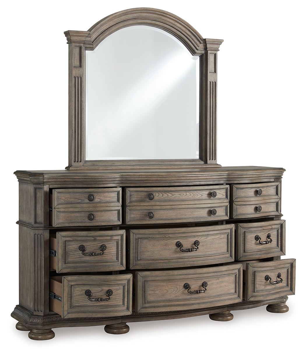 Ardenfield King Upholstered Sleigh Bed with Mirrored Dresser in Light Brown from Ashley Furniture - Luna Furniture