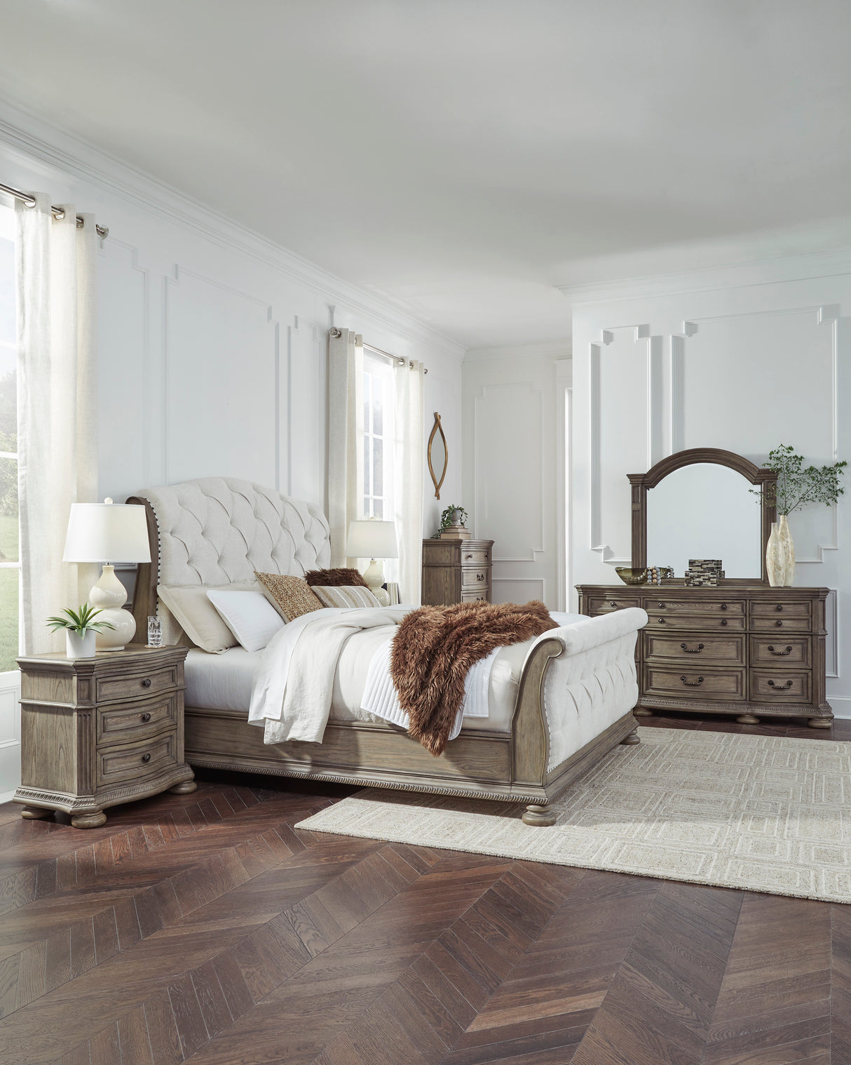 Ardenfield Light Brown Upholstered Sleigh Bedroom Set from Ashley - Luna Furniture