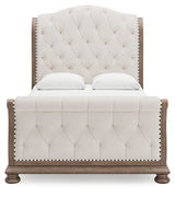Ardenfield Queen Upholstered Sleigh Bed with Mirrored Dresser in Light Brown from Ashley Furniture - Luna Furniture