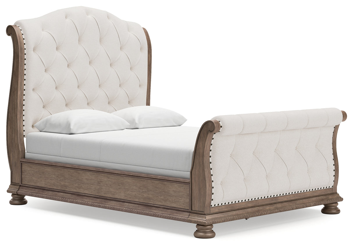 Ardenfield Queen Upholstered Sleigh Bed with Mirrored Dresser in Light Brown from Ashley Furniture - Luna Furniture