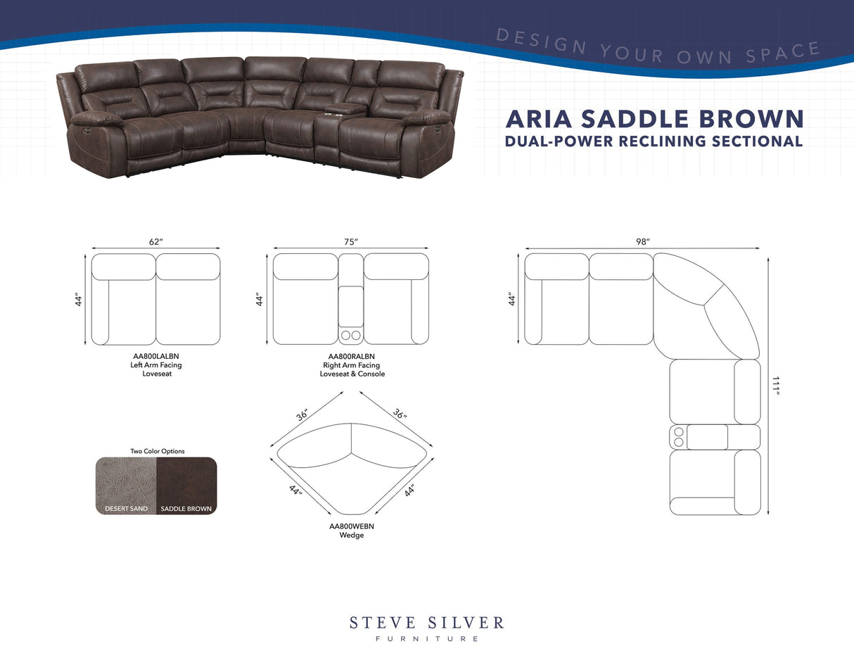 Aria Saddle Brown 3-Piece Dual-Power Reclining Sectional from Steve Silver - Luna Furniture