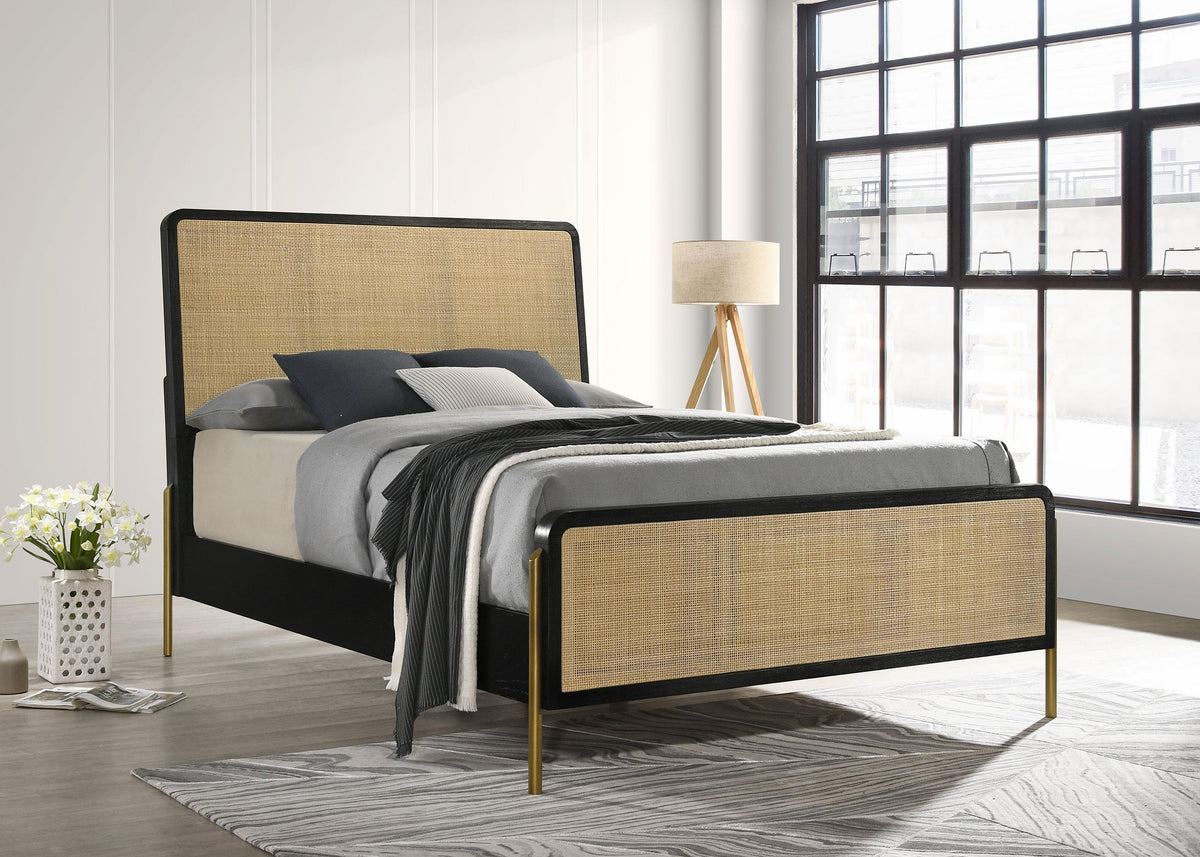 Arini Black and Natural Rattan California King Panel Bed from Coaster - Luna Furniture