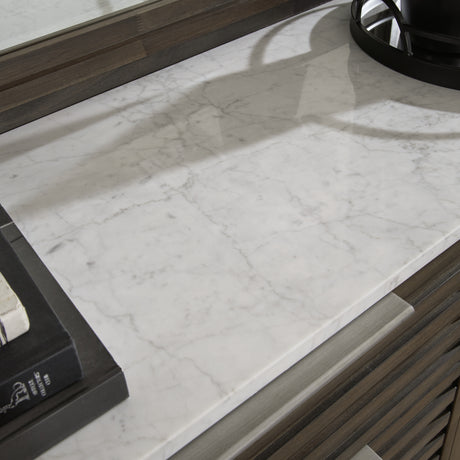 Arkenton California King Panel Bed with Mirrored Dresser, Chest and Nightstand in Grayish Brown from Ashley - Luna Furniture