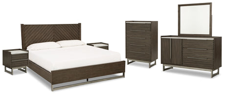 Arkenton King Panel Bed with Mirrored Dresser, Chest and 2 Nightstands in Grayish Brown from Ashley - Luna Furniture