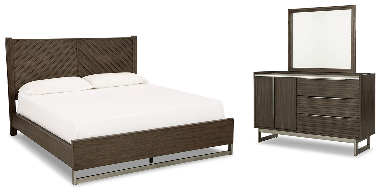 Arkenton King Panel Bed with Mirrored Dresser in Grayish Brown from Ashley Furniture - Luna Furniture