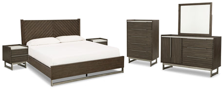 Arkenton Queen Panel Bed with Mirrored Dresser, Chest and 2 Nightstands in Grayish Brown from Ashley - Luna Furniture