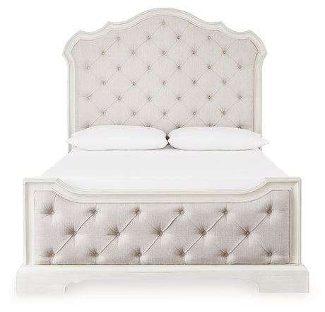 Arlendyne Queen Upholstered Bed with Mirrored Dresser and 2 Nightstands in Antique White from Ashley - Luna Furniture