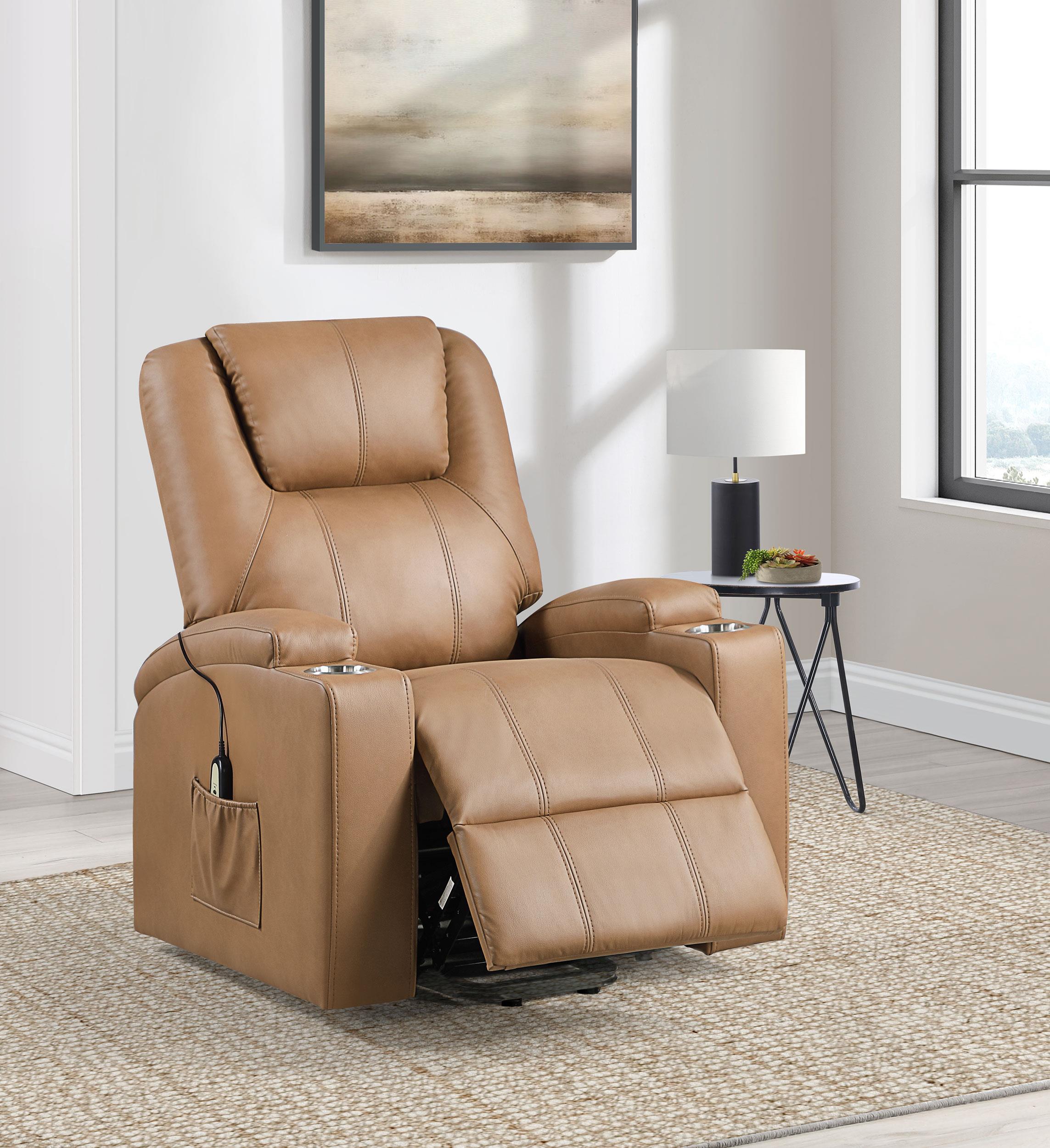 Armstrong Upholstered Power Lift Massage Recliner Camel – Luna