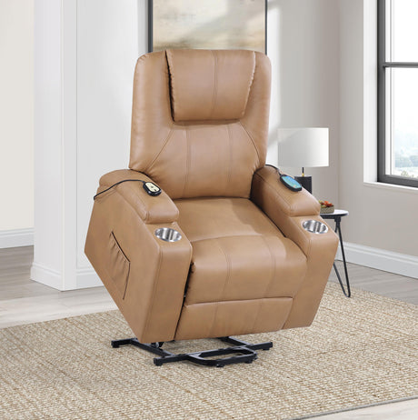 Armstrong Upholstered Power Lift Massage Recliner Camel from Coaster - Luna Furniture