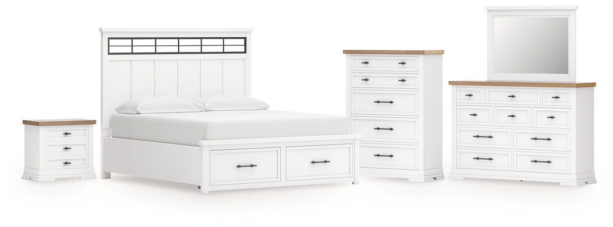 Ashbryn California King Panel Storage Bed with Mirrored Dresser, Chest and Nightstand in White/Natural from Ashley - Luna Furniture