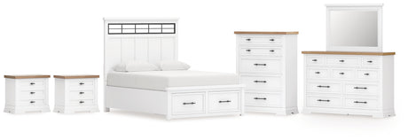 Ashbryn King Panel Storage Bed with Mirrored Dresser, Chest and 2 Nightstands in White/Natural from Ashley - Luna Furniture