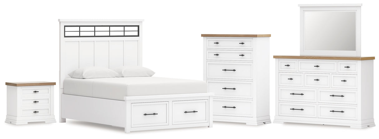 Ashbryn Queen Panel Storage Bed with Mirrored Dresser, Chest and Nightstand in White/Natural from Ashley - Luna Furniture
