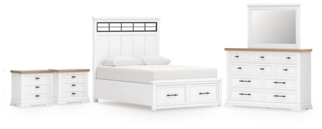 Ashbryn Queen Panel Storage Bed with Mirrored Dresser and 2 Nightstands in White/Natural from Ashley - Luna Furniture