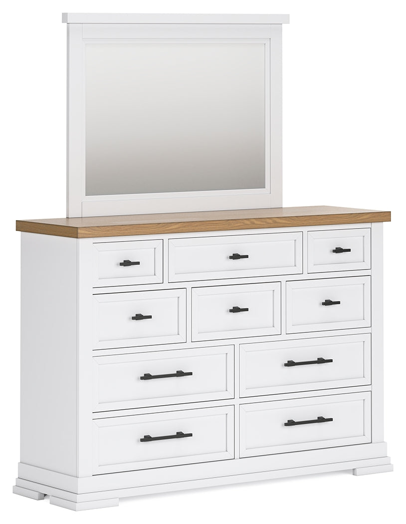 Ashbryn Queen Panel Storage Bed with Mirrored Dresser and 2 Nightstands in White/Natural from Ashley Furniture - Luna Furniture