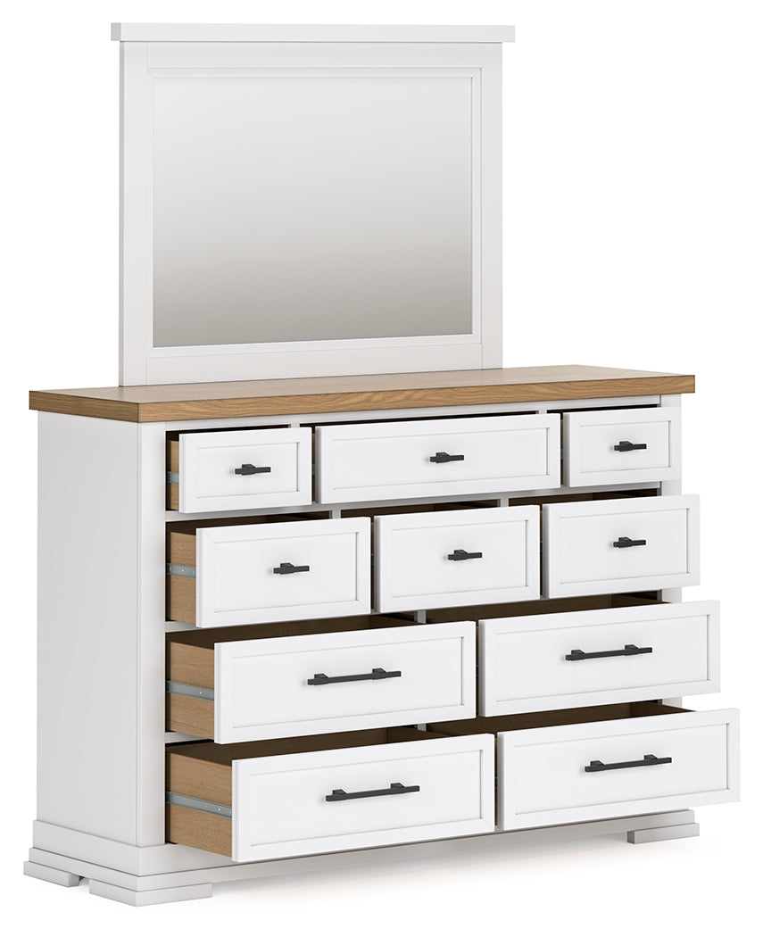 Ashbryn Queen Panel Storage Bed with Mirrored Dresser and 2 Nightstands in White/Natural from Ashley Furniture - Luna Furniture