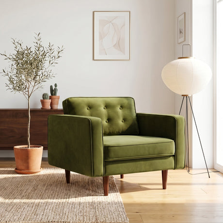 Casey Olive Green Velvet Upholstered Mid-Century Modern Pillow Back Armchair from Ashcroft Furniture - Luna Furniture