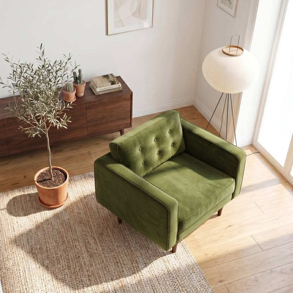 Casey Olive Green Velvet Upholstered Mid-Century Modern Pillow Back Armchair from Ashcroft Furniture - Luna Furniture
