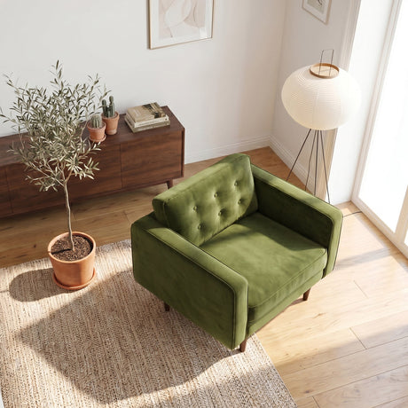 Casey Olive Green Velvet Upholstered Mid-Century Modern Pillow Back Armchair from Ashcroft Furniture - Luna Furniture