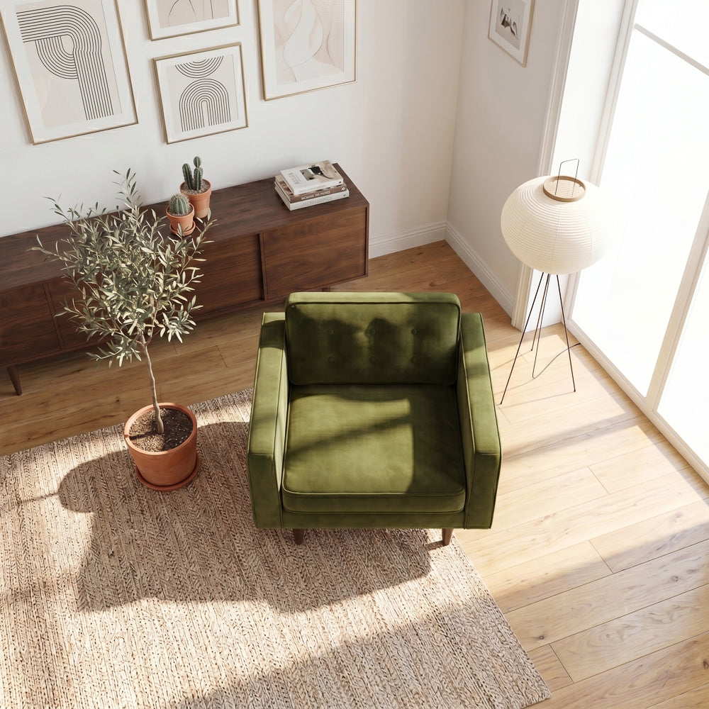 Casey Olive Green Velvet Upholstered Mid-Century Modern Pillow Back Armchair from Ashcroft Furniture - Luna Furniture