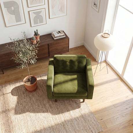 Casey Olive Green Velvet Upholstered Mid-Century Modern Pillow Back Armchair from Ashcroft Furniture - Luna Furniture