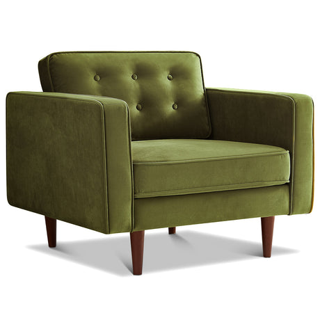 Casey Olive Green Velvet Upholstered Mid-Century Modern Pillow Back Armchair from Ashcroft Furniture - Luna Furniture