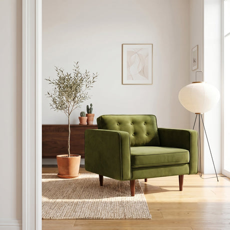 Casey Olive Green Velvet Upholstered Mid-Century Modern Pillow Back Armchair from Ashcroft Furniture - Luna Furniture