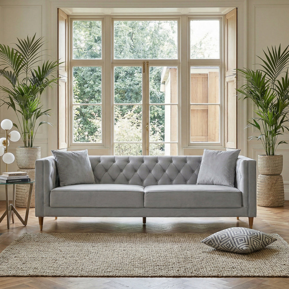 Chalky Living Room Tufted Velvet Upholstered Couch in Light Gray from Ashcroft Furniture - Luna Furniture