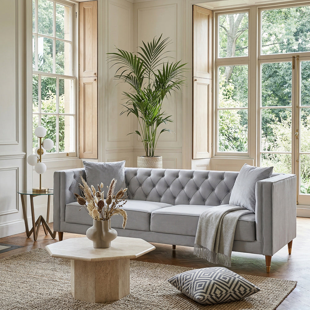 Chalky Living Room Tufted Velvet Upholstered Couch in Light Gray from Ashcroft Furniture - Luna Furniture