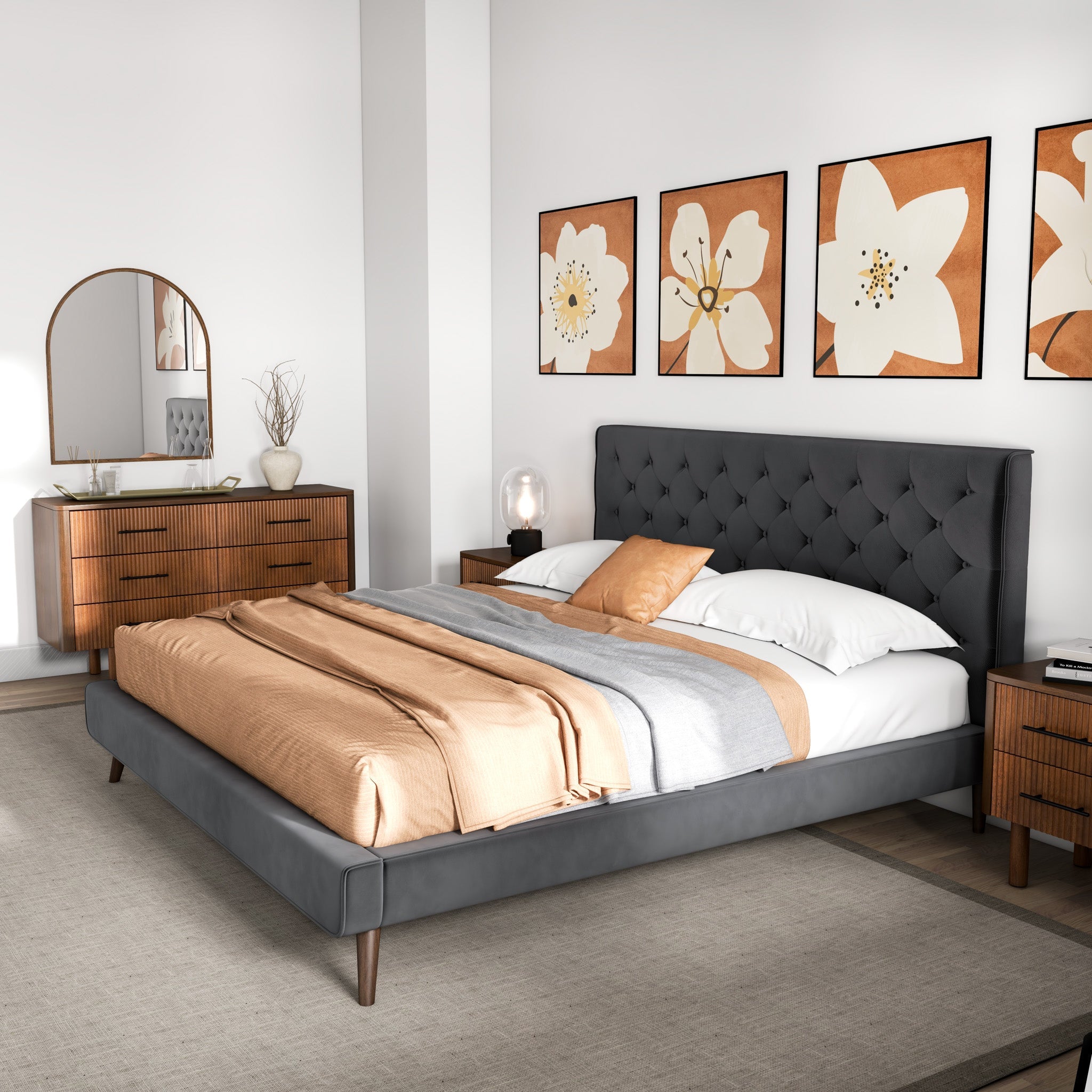 Dillon Grey Velvet Platform Bed (King Size) from Ashcroft Furniture - Luna Furniture