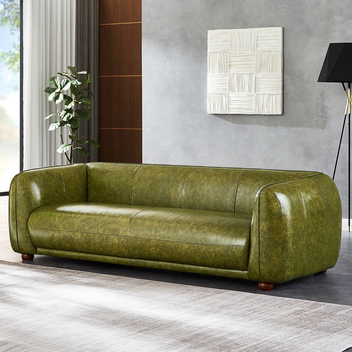Mila Green Genuine Leather Mid-Century Modern Sofa