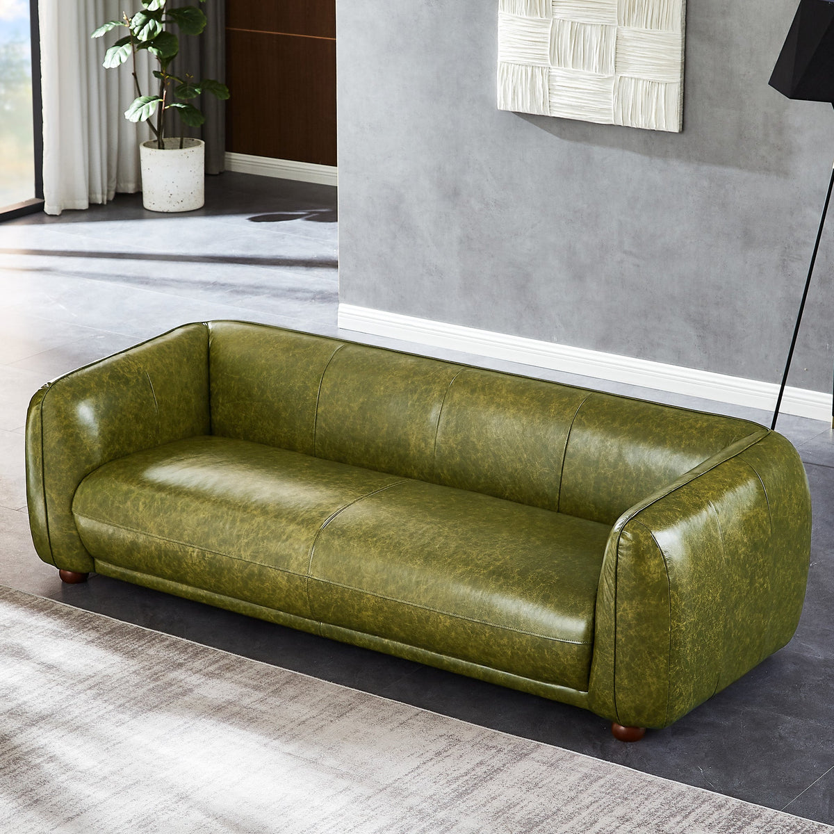 Mila Green Genuine Leather Mid-Century Modern Sofa