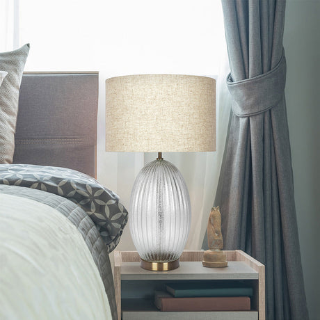 Aurora Ribbed Glass Lamp Base Clear Table Lamp Large Linen Shade from Midinmod - Luna Furniture