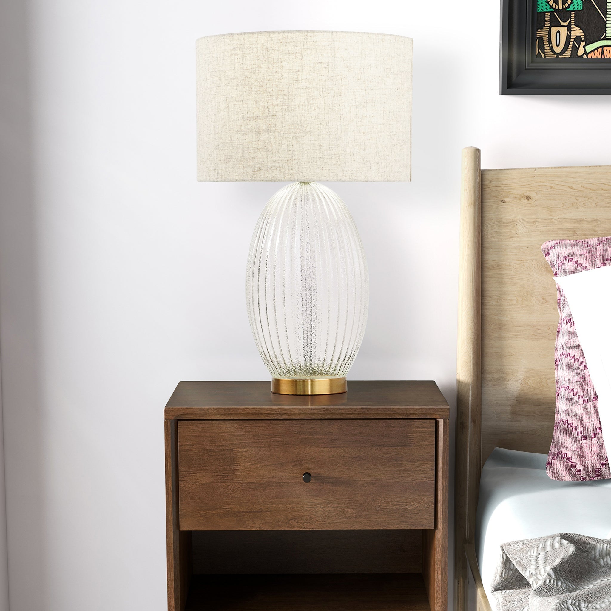 Aurora Ribbed Glass Lamp Base Clear Table Lamp Large Linen Shade from Midinmod - Luna Furniture
